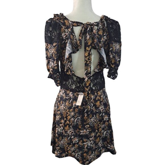 Free People Lucie Dress Black Yellow Short Lace Boho Coquet Puff  Sleeve Sz 4 - Picture 4 of 9